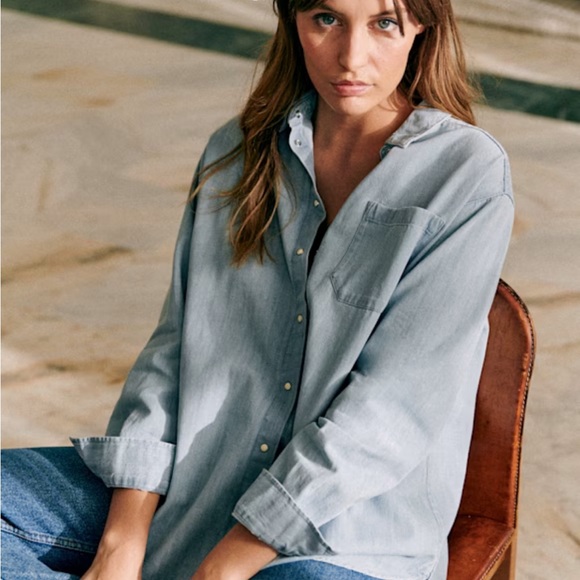 Sezane Light Denim Max Snap Button Chest Pocket Shirt Womens Size 32 US 0 XXS - Picture 11 of 16
